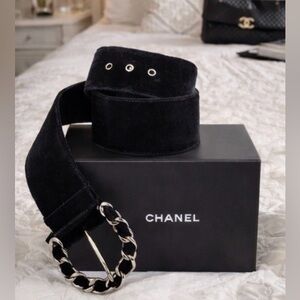 Vintage CHANEL Black Velvet Chain Buckle Belt, Size 36, Made in Italy